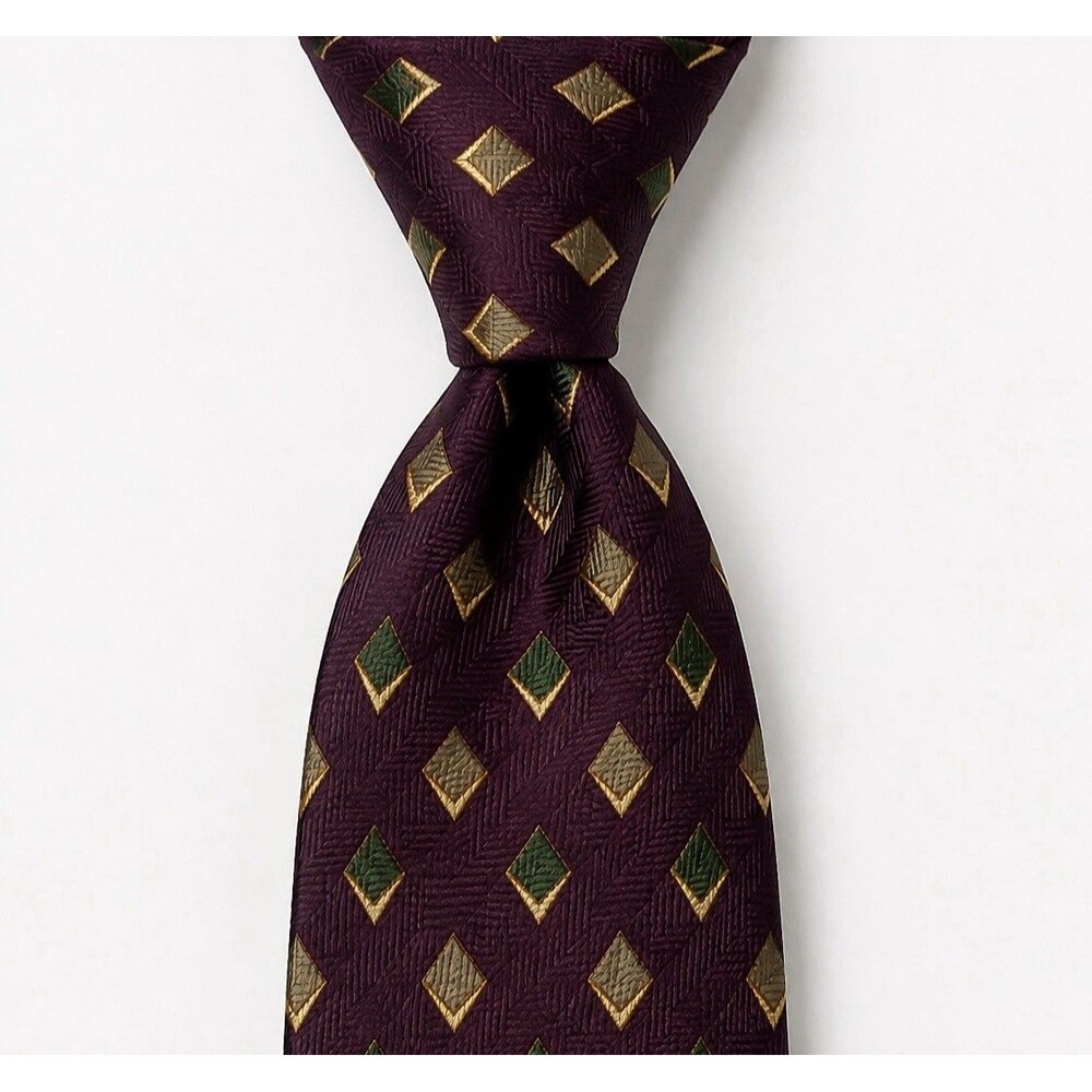Etienne Aigner Heritage 100% Silk Tie Burgundy Green Gold Geometric Diamond VTG
